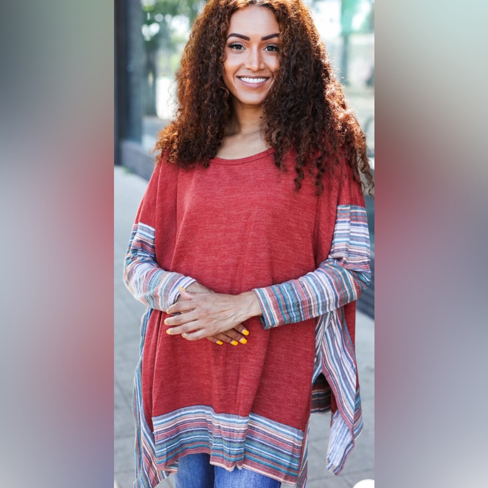 BEESON RIVER Stylish Rust Tunic with Striped Sleeves